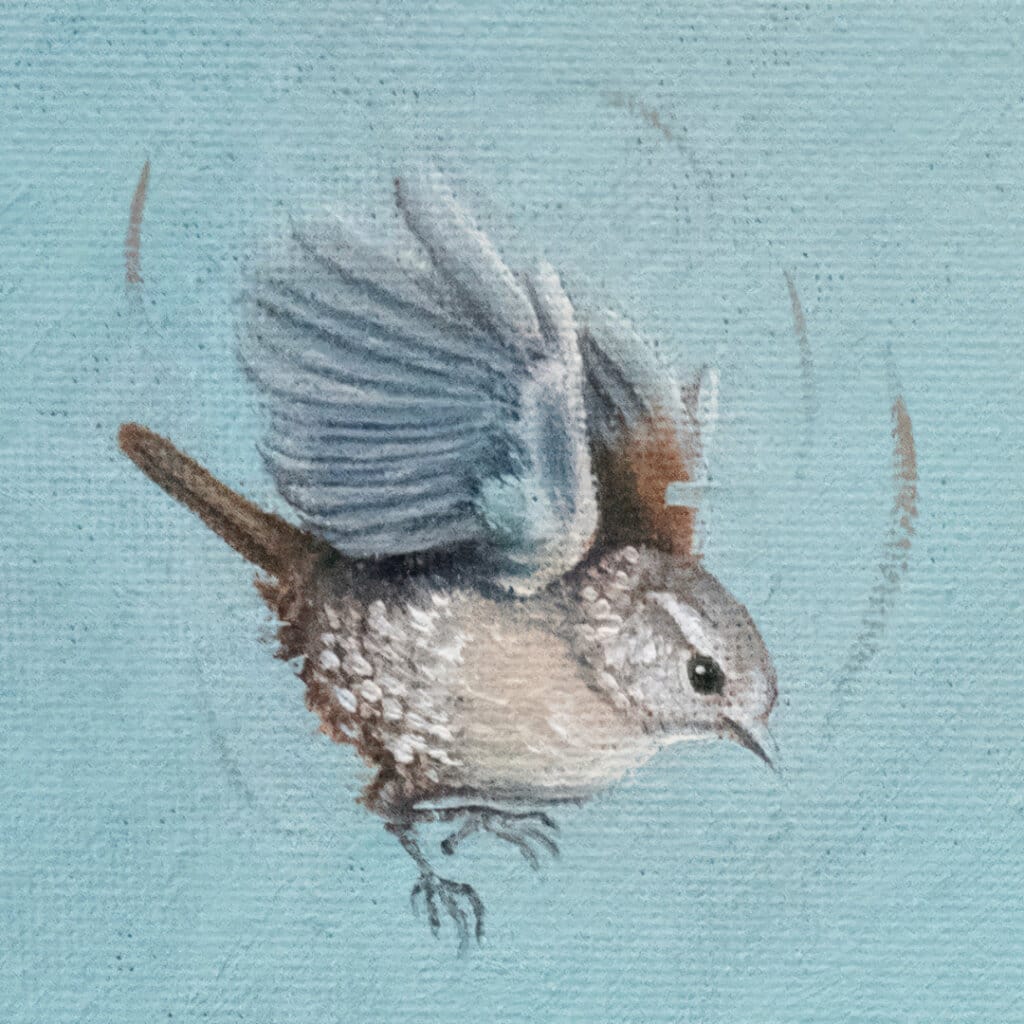 'Harey Landing!', features a little Wren, as it comes in for a landing on what looks to be a suitable perch... We're left wondering at the chaos that will soon ensue! 'Harey Landing!' is the third artwork in this collection by renowned UK wildlife artist Ann Richmond to feature a hare. The piece comes alive with vibrant brush strokes over a richly textured canvas, capturing the delicate interplay of nature in a moment of quiet wonder. Each piece in The Wylde Ones is rendered in Richmond’s fresh, energetic, and gestural new style—a deliberate departure from her works in The Otherwurlde Collection. The backgrounds are carefully matched to hues from a heritage palette we affectionately call “Barrow & Fall”; complementing these striking and distinctive portrayals of British wildlife. Discover the original works and fine-art prints at Otherwurlde.com.