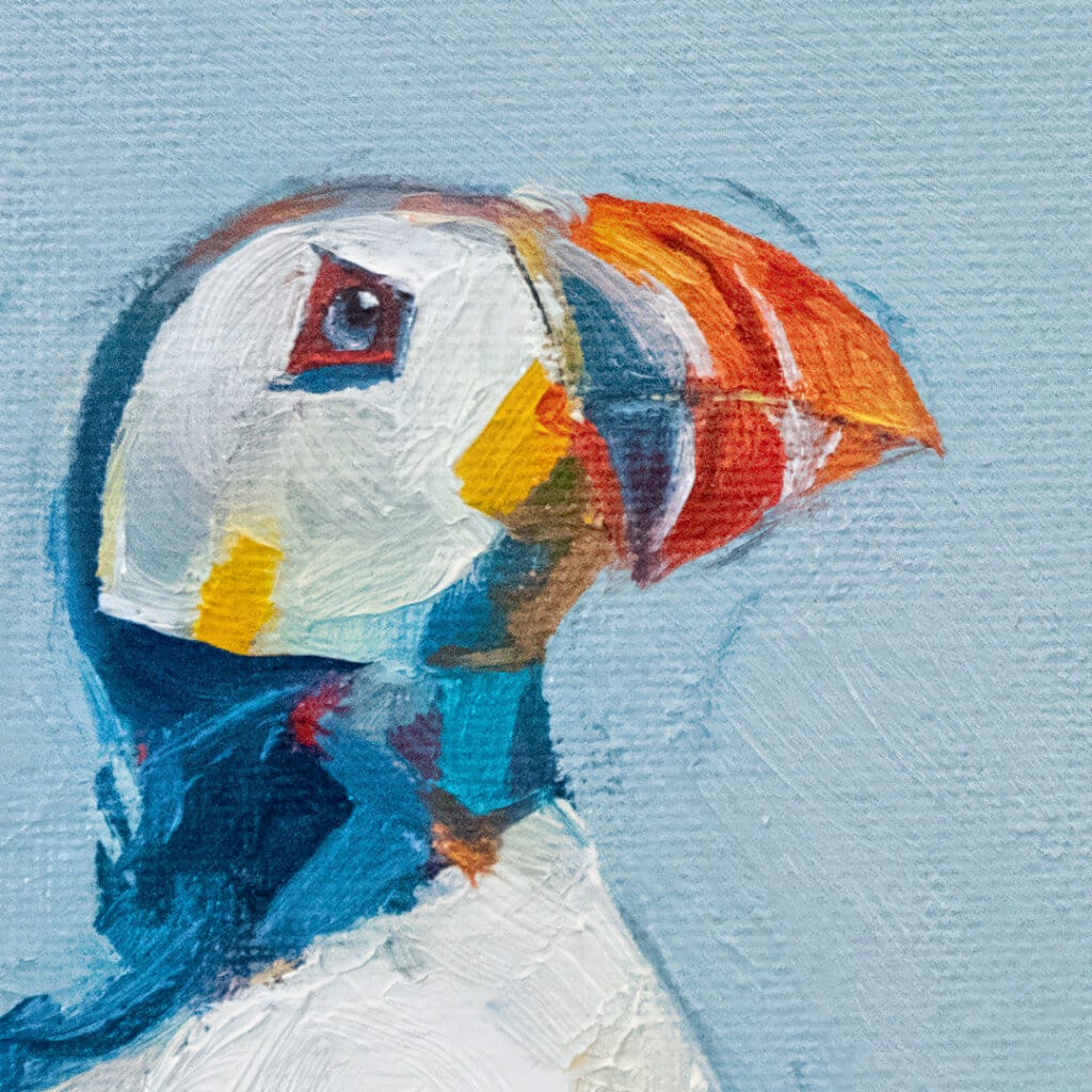 'Catch of the Day...', features a watchful Puffin, whose vigil is rewarded by the return of its partner; its beak overflowing with silvery fish...! Painted by renowned UK wildlife artist Ann Richmond, the artwork comes alive with vibrant brush strokes over a richly textured canvas, capturing the delicate interplay of nature in a moment of quiet wonder. Each piece in The Wylde Ones is rendered in Richmond’s fresh, energetic, and gestural new style—a deliberate departure from her works in The Otherwurlde Collection. The backgrounds are carefully matched to hues from a heritage palette we affectionately call “Barrow & Fall”; complementing these striking and distinctive portrayals of British wildlife. Discover the original works and fine-art prints at Otherwurlde.com.