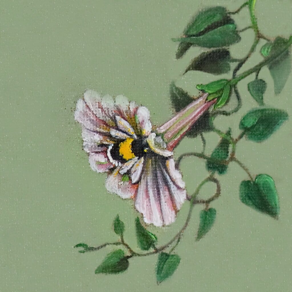 'Harebell...' features a vigilant Hare, who has suddenly heard the 'BUZZ!' of a bumblebee, but can't place the source: all he can see is the distinctive trumpet of a Morning Glory flower... Can YOU spot it? Painted by renowned UK wildlife artist Ann Richmond, the artwork comes alive with vibrant brush strokes over a richly textured canvas, capturing the delicate interplay of nature in a moment of quiet wonder. Each piece in The Wylde Ones is rendered in Richmond’s fresh, energetic, and gestural new style—a deliberate departure from her works in The Otherwurlde Collection. The backgrounds are carefully matched to hues from a heritage palette we affectionately call “Barrow & Fall”; complementing these striking and distinctive portrayals of British wildlife. Discover the original works and fine-art prints at Otherwurlde.com.