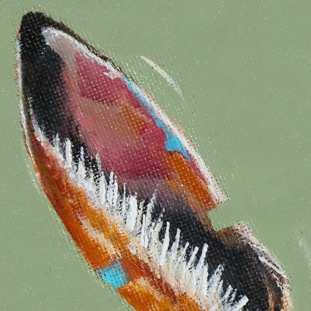 'Harebell...' features a vigilant Hare, who has suddenly heard the 'BUZZ!' of a bumblebee, but can't place the source: all he can see is the distinctive trumpet of a Morning Glory flower... Can YOU spot it? Painted by renowned UK wildlife artist Ann Richmond, the artwork comes alive with vibrant brush strokes over a richly textured canvas, capturing the delicate interplay of nature in a moment of quiet wonder. Each piece in The Wylde Ones is rendered in Richmond’s fresh, energetic, and gestural new style—a deliberate departure from her works in The Otherwurlde Collection. The backgrounds are carefully matched to hues from a heritage palette we affectionately call “Barrow & Fall”; complementing these striking and distinctive portrayals of British wildlife. Discover the original works and fine-art prints at Otherwurlde.com.