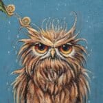 'Love in a Cold Climate...' is a loose sequel to the earlier piece 'Big Drip, Little Owl!'. In this latest painting, the featured character is a beautifully painted Horned Owl that has a little yellow snail sitting at the tip of one of its ears. Look closer: the snail has made contact with another that's balanced on an overhanging leaf! Little wonder that the owl looks so grumpy! Painted by renowned UK wildlife artist Ann Richmond, the artwork comes alive with vibrant brush strokes over a richly textured canvas, capturing the delicate interplay of nature in a moment of quiet wonder. Each piece in The Wylde Ones is rendered in Richmond’s fresh, energetic, and gestural new style—a deliberate departure from her works in The Otherwurlde Collection. The backgrounds are carefully matched to hues from a heritage palette we affectionately call “Barrow & Fall”; complementing these striking and distinctive portrayals of British wildlife. Discover the original works and fine-art prints at Otherwurlde.com.