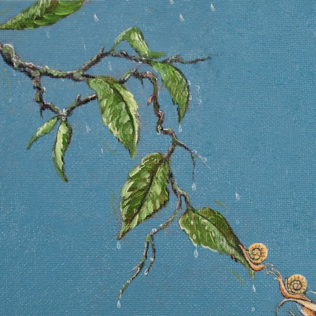 'Love in a Cold Climate...' is a loose sequel to the earlier piece 'Big Drip, Little Owl!'. In this latest painting, the featured character is a beautifully painted Horned Owl that has a little yellow snail sitting at the tip of one of its ears. Look closer: the snail has made contact with another that's balanced on an overhanging leaf! Little wonder that the owl looks so grumpy! Painted by renowned UK wildlife artist Ann Richmond, the artwork comes alive with vibrant brush strokes over a richly textured canvas, capturing the delicate interplay of nature in a moment of quiet wonder. Each piece in The Wylde Ones is rendered in Richmond’s fresh, energetic, and gestural new style—a deliberate departure from her works in The Otherwurlde Collection. The backgrounds are carefully matched to hues from a heritage palette we affectionately call “Barrow & Fall”; complementing these striking and distinctive portrayals of British wildlife. Discover the original works and fine-art prints at Otherwurlde.com.