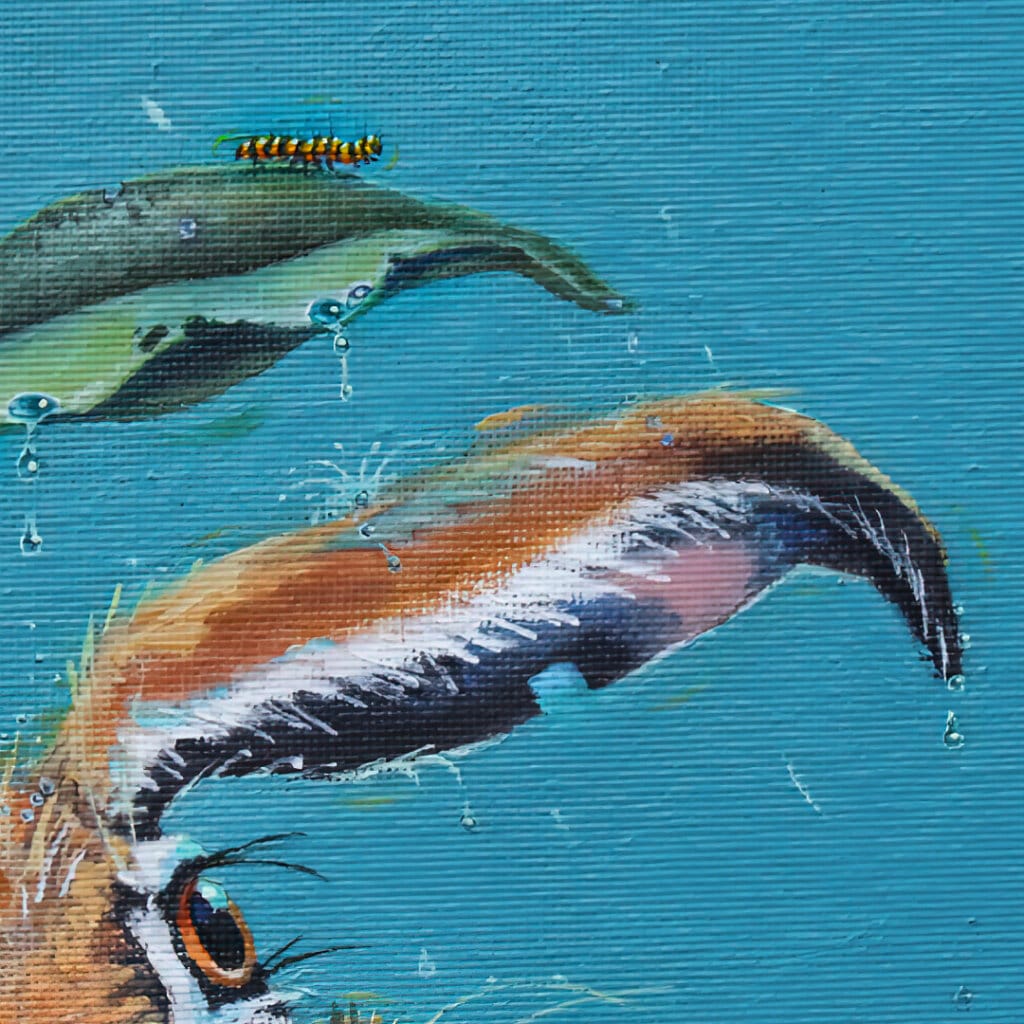 'Bad Hare Day…' is a whimsical study of a young hare sheltering beneath a leaf in a rainstorm — blissfully unaware that it’s dripping more water than it’s stopping. Raindrops splash and scatter across his fur in a scene full of humour, charm, and countryside mischief. A scene full of mischief, warmth, and woodland charm Painted by renowned UK wildlife artist Ann Richmond, the artwork comes alive with vibrant brush strokes over a richly textured canvas, capturing the delicate interplay of nature in a moment of quiet wonder. Each piece in The Wylde Ones is rendered in Richmond’s fresh, energetic, and gestural new style—a deliberate departure from her works in The Otherwurlde Collection. The backgrounds are carefully matched to hues from a heritage palette we affectionately call “Barrow & Fall”; complementing these striking and distinctive portrayals of British wildlife. Discover the original works and fine-art prints at Otherwurlde.com.