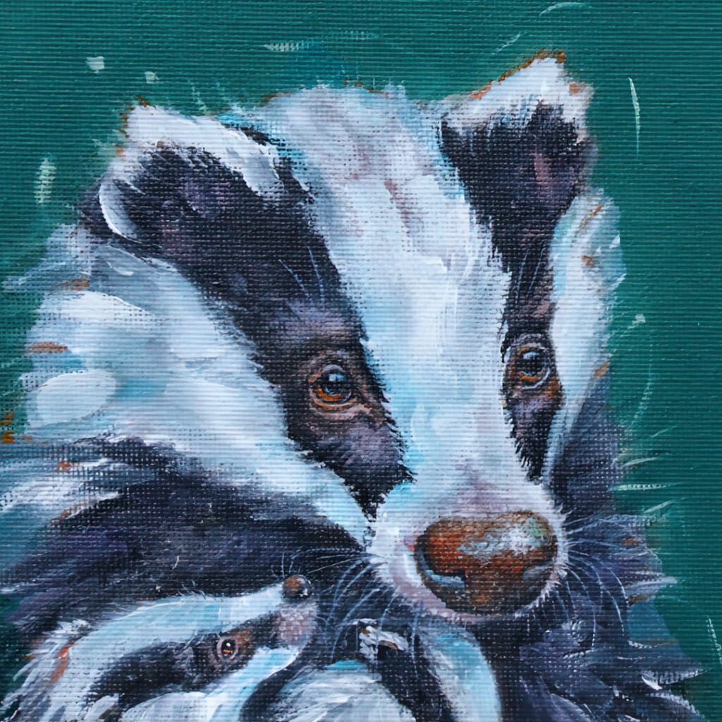 'Flutterby…' captures a tender woodland moment as two young badger cubs nestle into their mother’s warm embrace. Wide-eyed with curiosity, they watch an ethereal Chalk Blue butterfly drift past, while their mother offers the calm assurance that all is well in their little world. A scene full of mischief, warmth, and woodland charm Painted by renowned UK wildlife artist Ann Richmond, the artwork comes alive with vibrant brush strokes over a richly textured canvas, capturing the delicate interplay of nature in a moment of quiet wonder. Each piece in The Wylde Ones is rendered in Richmond’s fresh, energetic, and gestural new style—a deliberate departure from her works in The Otherwurlde Collection. The backgrounds are carefully matched to hues from a heritage palette we affectionately call “Barrow & Fall”; complementing these striking and distinctive portrayals of British wildlife. Discover the original works and fine-art prints at Otherwurlde.com.