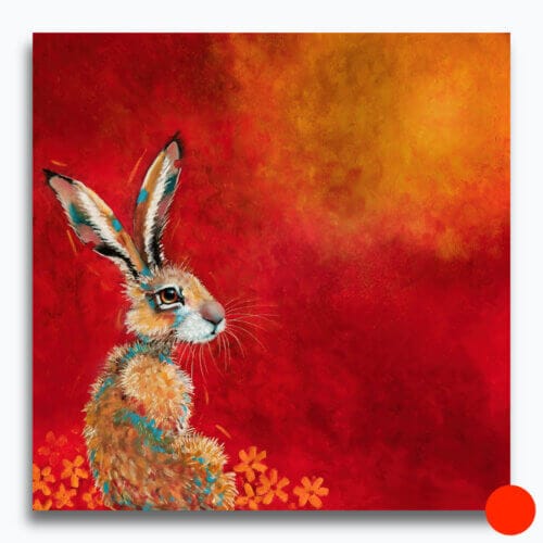 “Hare, Dryer…” presents a serene portrait of a hare at dawn, bathed in the soft warmth of a rising sun. Set against rich tones of red, yellow, and marigold, the hare rests calmly among oversized, abstracted flowers — a quietly radiant scene that speaks of warmth, stillness, and gentle renewal. Painted by renowned UK wildlife artist Ann Richmond, the artwork comes alive with vibrant brush strokes over a richly textured canvas, capturing the delicate interplay of nature in a moment of quiet wonder. Each piece in The Wylde Ones is rendered in Richmond’s fresh, energetic, and gestural new style—a deliberate departure from her works in The Otherwurlde Collection. The backgrounds are carefully matched to hues from a heritage palette we affectionately call “Barrow & Fall”; complementing these striking and distinctive portrayals of British wildlife. Discover the original works and fine-art prints at Otherwurlde.com.