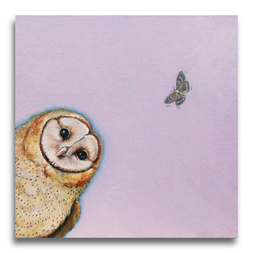 "Barn Find..." painted by renowned UK wildlife artist Ann Richmond, is a gentle, whimsical portrait featuring a puzzled Barn Owl as it encounters its first moth! The piece comes alive with vibrant brush strokes over a richly textured canvas, capturing the delicate interplay of nature in a moment of quiet wonder. Each piece in The Wylde Ones is rendered in Richmond’s fresh, energetic, and gestural new style—a deliberate departure from her works in The Otherwurlde Collection. The backgrounds are carefully matched to hues from a heritage palette we affectionately call “Barrow & Fall”; complementing these striking and distinctive portrayals of British wildlife. Discover the original works and fine-art prints at Otherwurlde.com.