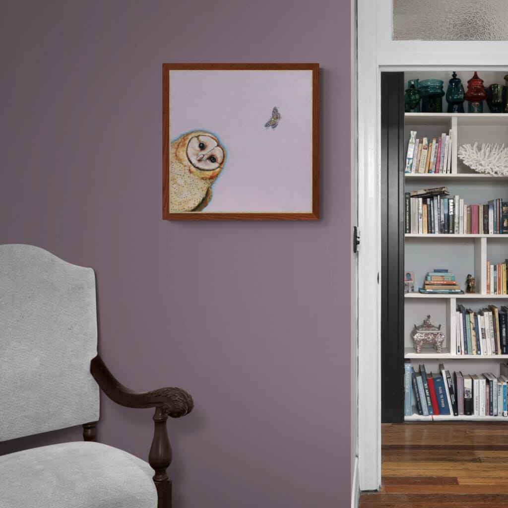 "Barn Find..." painted by renowned UK wildlife artist Ann Richmond, is a gentle, whimsical portrait featuring a puzzled Barn Owl as it encounters its first moth! The piece comes alive with vibrant brush strokes over a richly textured canvas, capturing the delicate interplay of nature in a moment of quiet wonder. Each piece in The Wylde Ones is rendered in Richmond’s fresh, energetic, and gestural new style—a deliberate departure from her works in The Otherwurlde Collection. The backgrounds are carefully matched to hues from a heritage palette we affectionately call “Barrow & Fall”; complementing these striking and distinctive portrayals of British wildlife. Discover the original works and fine-art prints at Otherwurlde.com.