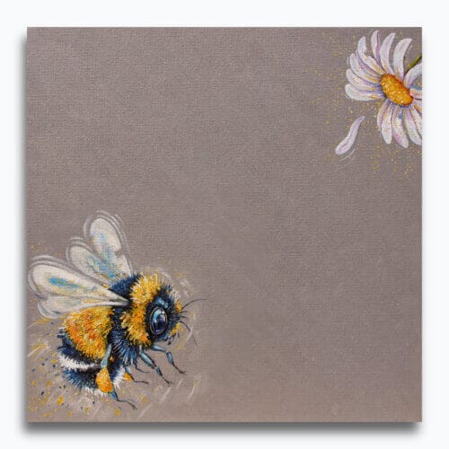 "Gold Dust..." painted by renowned UK wildlife artist Ann Richmond, is an inspiring portrait featuring a Bumble Bee as it struggles against the wind to reach a pollen-heavy Moon Daisy! The piece comes alive with vibrant brush strokes over a richly textured canvas, capturing the delicate interplay of nature in a moment of quiet wonder. Each piece in The Wylde Ones is rendered in Richmond’s fresh, energetic, and gestural new style—a deliberate departure from her works in The Otherwurlde Collection. The backgrounds are carefully matched to hues from a heritage palette we affectionately call “Barrow & Fall”; complementing these striking and distinctive portrayals of British wildlife. Discover the original works and fine-art prints at Otherwurlde.com.