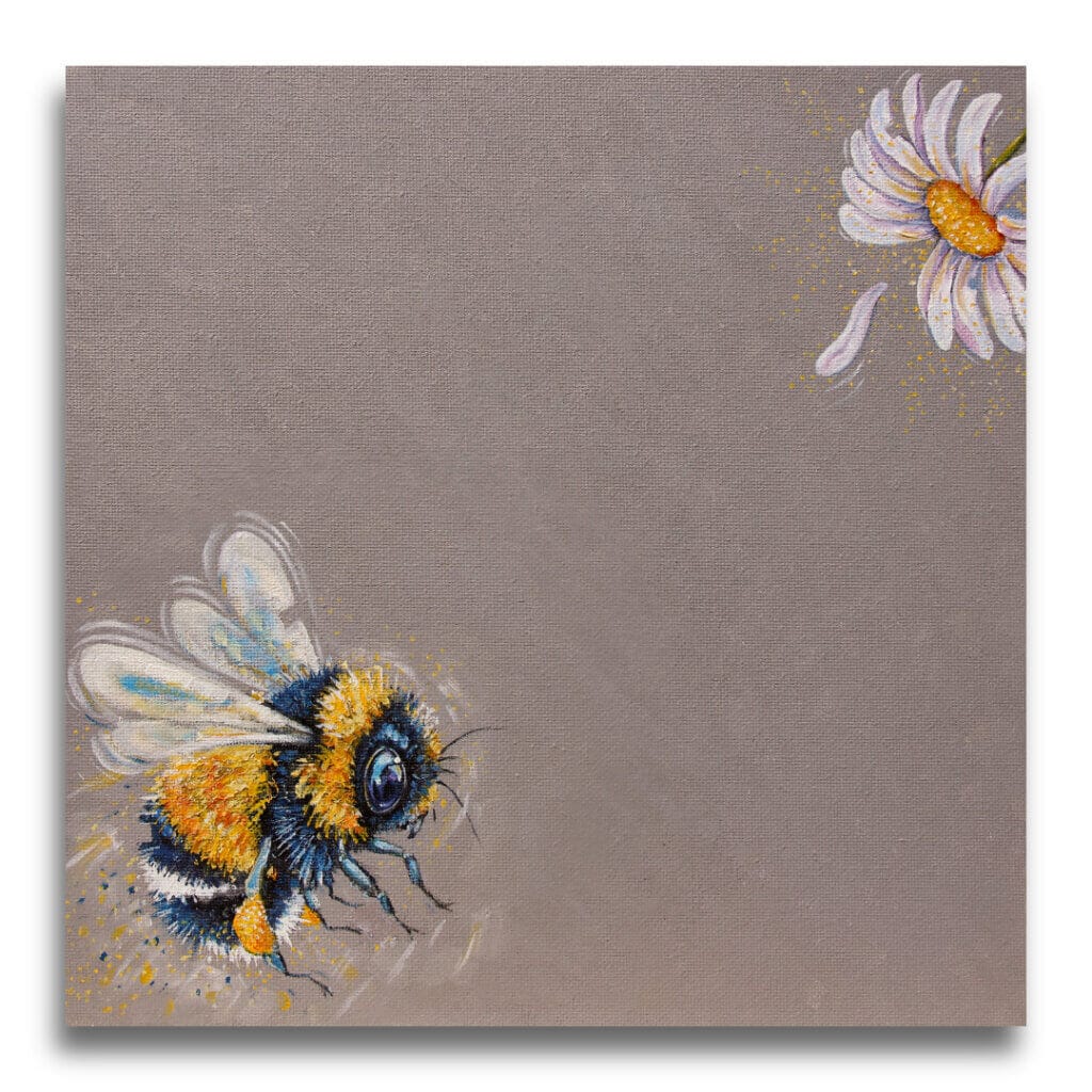 "Gold Dust..." painted by renowned UK wildlife artist Ann Richmond, is an inspiring portrait featuring a Bumble Bee as it struggles against the wind to reach a pollen-heavy Moon Daisy! The piece comes alive with vibrant brush strokes over a richly textured canvas, capturing the delicate interplay of nature in a moment of quiet wonder. Each piece in The Wylde Ones is rendered in Richmond’s fresh, energetic, and gestural new style—a deliberate departure from her works in The Otherwurlde Collection. The backgrounds are carefully matched to hues from a heritage palette we affectionately call “Barrow & Fall”; complementing these striking and distinctive portrayals of British wildlife. Discover the original works and fine-art prints at Otherwurlde.com.