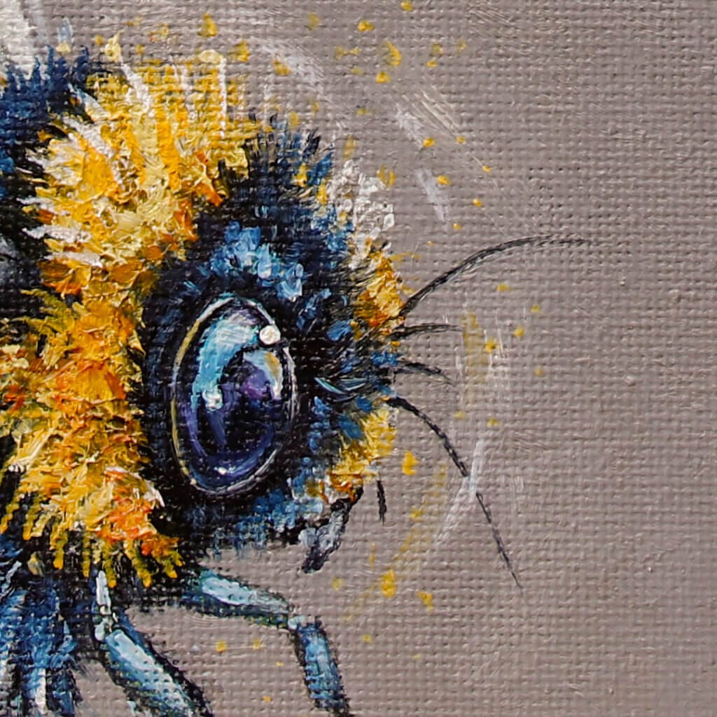 "Gold Dust..." painted by renowned UK wildlife artist Ann Richmond, is an inspiring portrait featuring a Bumble Bee as it struggles against the wind to reach a pollen-heavy Moon Daisy! The piece comes alive with vibrant brush strokes over a richly textured canvas, capturing the delicate interplay of nature in a moment of quiet wonder. Each piece in The Wylde Ones is rendered in Richmond’s fresh, energetic, and gestural new style—a deliberate departure from her works in The Otherwurlde Collection. The backgrounds are carefully matched to hues from a heritage palette we affectionately call “Barrow & Fall”; complementing these striking and distinctive portrayals of British wildlife. Discover the original works and fine-art prints at Otherwurlde.com.