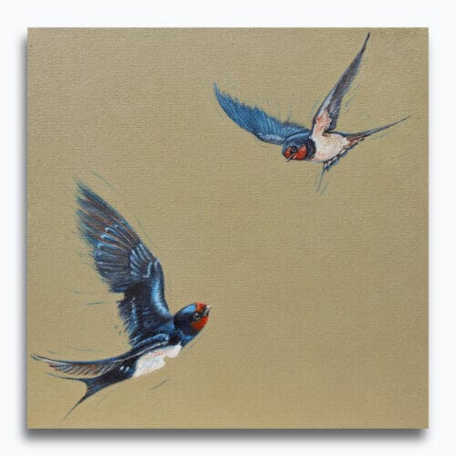"Homeward Bound..." painted by renowned UK wildlife artist Ann Richmond, is an inspiring portrait featuring a pair of House Martins as they reunite after a long flight! The piece comes alive with vibrant brush strokes over a richly textured canvas, capturing the delicate interplay of nature in a moment of quiet wonder. Each piece in The Wylde Ones is rendered in Richmond’s fresh, energetic, and gestural new style—a deliberate departure from her works in The Otherwurlde Collection. The backgrounds are carefully matched to hues from a heritage palette we affectionately call “Barrow & Fall”; complementing these striking and distinctive portrayals of British wildlife. Discover the original works and fine-art prints at Otherwurlde.com.