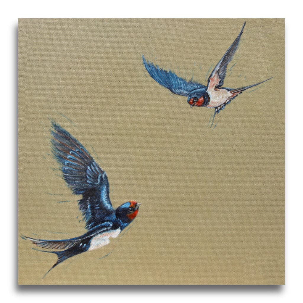 "Homeward Bound..." painted by renowned UK wildlife artist Ann Richmond, is an inspiring portrait featuring a pair of House Martins as they reunite after a long flight! The piece comes alive with vibrant brush strokes over a richly textured canvas, capturing the delicate interplay of nature in a moment of quiet wonder. Each piece in The Wylde Ones is rendered in Richmond’s fresh, energetic, and gestural new style—a deliberate departure from her works in The Otherwurlde Collection. The backgrounds are carefully matched to hues from a heritage palette we affectionately call “Barrow & Fall”; complementing these striking and distinctive portrayals of British wildlife. Discover the original works and fine-art prints at Otherwurlde.com.