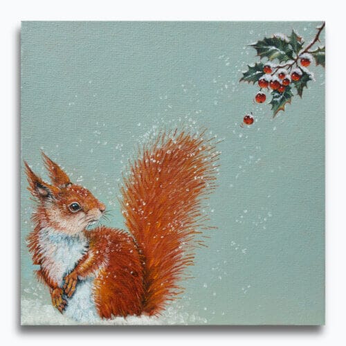 "A Berry Good Day!" painted by renowned UK wildlife artist Ann Richmond, is an inspiring portrait featuring a red squirrel as it notices a tempting red holly berry as it falls from a nearby sprig! The piece comes alive with vibrant brush strokes over a richly textured canvas, capturing the delicate interplay of nature in a moment of quiet wonder. Each piece in The Wylde Ones is rendered in Richmond’s fresh, energetic, and gestural new style—a deliberate departure from her works in The Otherwurlde Collection. The backgrounds are carefully matched to hues from a heritage palette we affectionately call “Barrow & Fall”; complementing these striking and distinctive portrayals of British wildlife. Discover the original works and fine-art prints at Otherwurlde.com.
