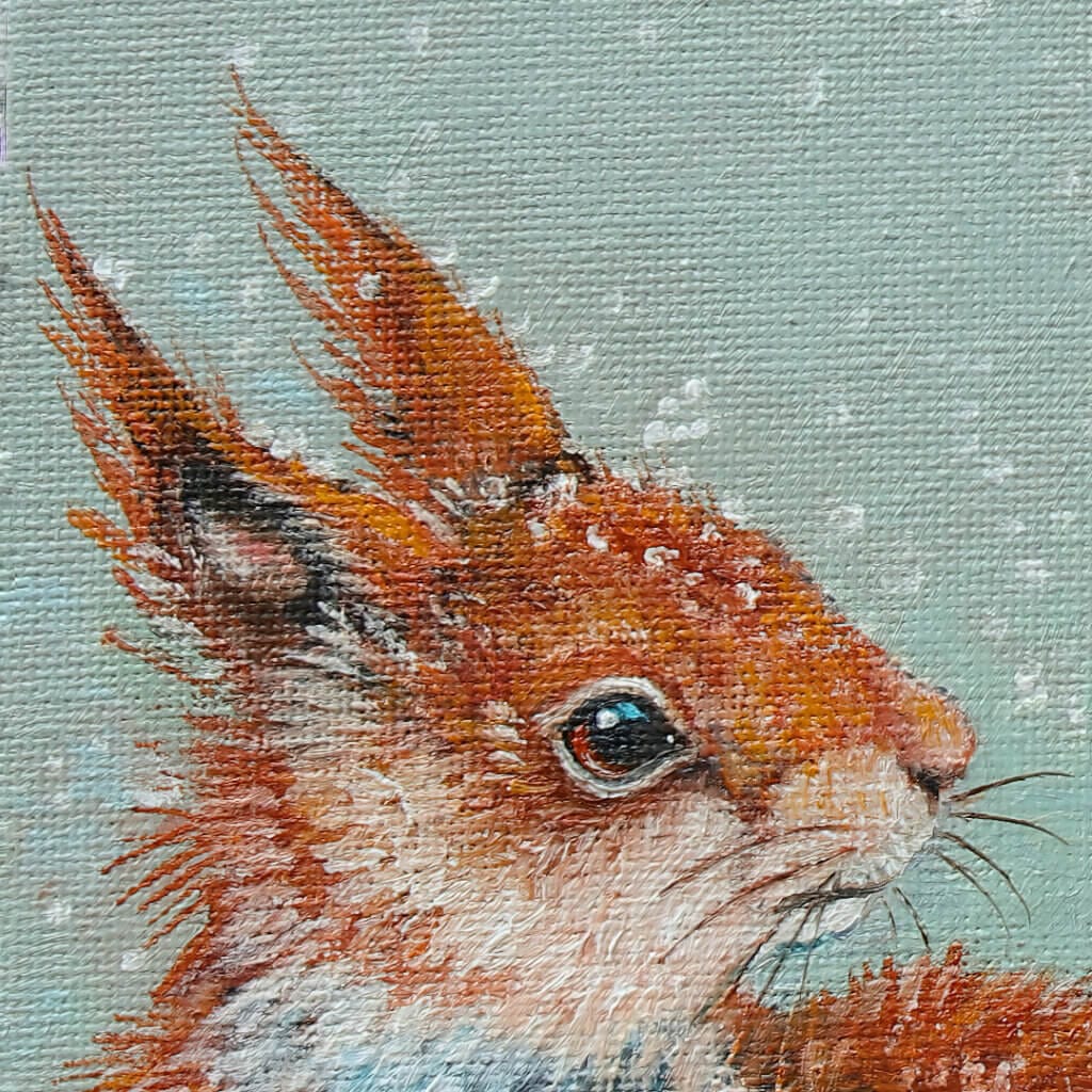 "A Berry Good Day!" painted by renowned UK wildlife artist Ann Richmond, is an inspiring portrait featuring a red squirrel as it notices a tempting red holly berry as it falls from a nearby sprig! The piece comes alive with vibrant brush strokes over a richly textured canvas, capturing the delicate interplay of nature in a moment of quiet wonder. Each piece in The Wylde Ones is rendered in Richmond’s fresh, energetic, and gestural new style—a deliberate departure from her works in The Otherwurlde Collection. The backgrounds are carefully matched to hues from a heritage palette we affectionately call “Barrow & Fall”; complementing these striking and distinctive portrayals of British wildlife. Discover the original works and fine-art prints at Otherwurlde.com.