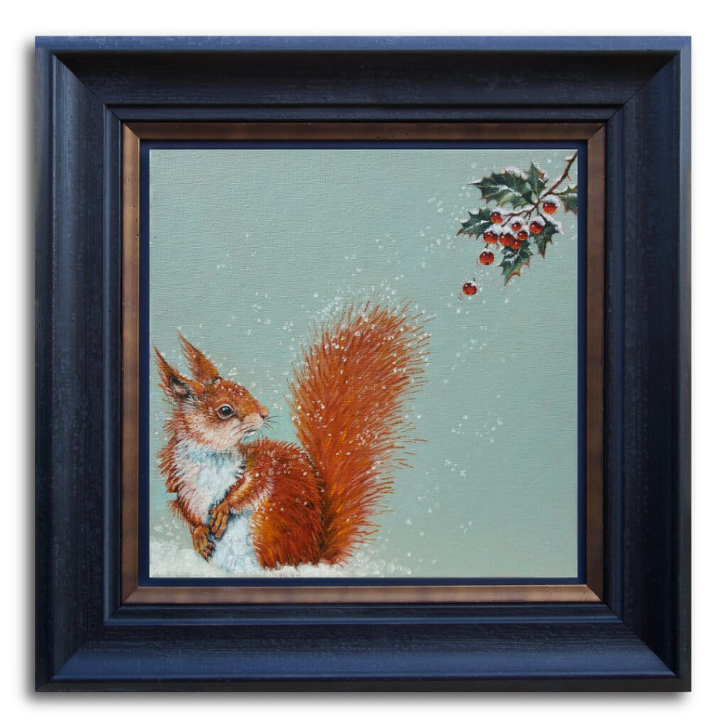 "A Berry Good Day!" painted by renowned UK wildlife artist Ann Richmond, is an inspiring portrait featuring a red squirrel as it notices a tempting red holly berry as it falls from a nearby sprig! The piece comes alive with vibrant brush strokes over a richly textured canvas, capturing the delicate interplay of nature in a moment of quiet wonder. Each piece in The Wylde Ones is rendered in Richmond’s fresh, energetic, and gestural new style—a deliberate departure from her works in The Otherwurlde Collection. The backgrounds are carefully matched to hues from a heritage palette we affectionately call “Barrow & Fall”; complementing these striking and distinctive portrayals of British wildlife. Discover the original works and fine-art prints at Otherwurlde.com.