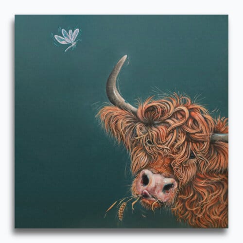 "Morag's Munchin'" painted by renowned UK wildlife artist Ann Richmond, is a charming, whimsical portrait featuring a glorious highland cow as it munches on a stalk of barley. The piece comes alive with vibrant brush strokes over a richly textured canvas, capturing the delicate interplay of nature in a moment of quiet wonder. Each piece in The Wylde Ones is rendered in Richmond’s fresh, energetic, and gestural new style—a deliberate departure from her works in The Otherwurlde Collection. The backgrounds are carefully matched to hues from a heritage palette we affectionately call “Barrow & Fall”; complementing these striking and distinctive portrayals of British wildlife. Discover the original works and fine-art prints at Otherwurlde.com.