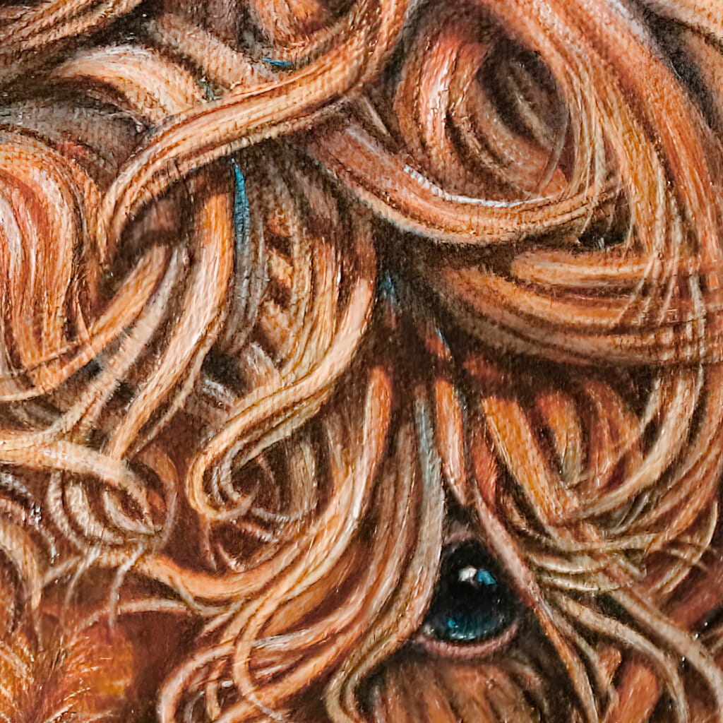 "Morag's Munchin'" painted by renowned UK wildlife artist Ann Richmond, is a charming, whimsical portrait featuring a glorious highland cow as it munches on a stalk of barley. The piece comes alive with vibrant brush strokes over a richly textured canvas, capturing the delicate interplay of nature in a moment of quiet wonder. Each piece in The Wylde Ones is rendered in Richmond’s fresh, energetic, and gestural new style—a deliberate departure from her works in The Otherwurlde Collection. The backgrounds are carefully matched to hues from a heritage palette we affectionately call “Barrow & Fall”; complementing these striking and distinctive portrayals of British wildlife. Discover the original works and fine-art prints at Otherwurlde.com.