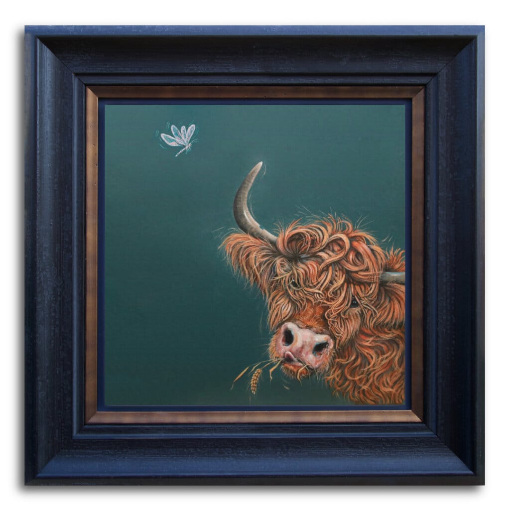 "Morag's Munchin'" painted by renowned UK wildlife artist Ann Richmond, is a charming, whimsical portrait featuring a glorious highland cow as it munches on a stalk of barley. The piece comes alive with vibrant brush strokes over a richly textured canvas, capturing the delicate interplay of nature in a moment of quiet wonder. Each piece in The Wylde Ones is rendered in Richmond’s fresh, energetic, and gestural new style—a deliberate departure from her works in The Otherwurlde Collection. The backgrounds are carefully matched to hues from a heritage palette we affectionately call “Barrow & Fall”; complementing these striking and distinctive portrayals of British wildlife. Discover the original works and fine-art prints at Otherwurlde.com.