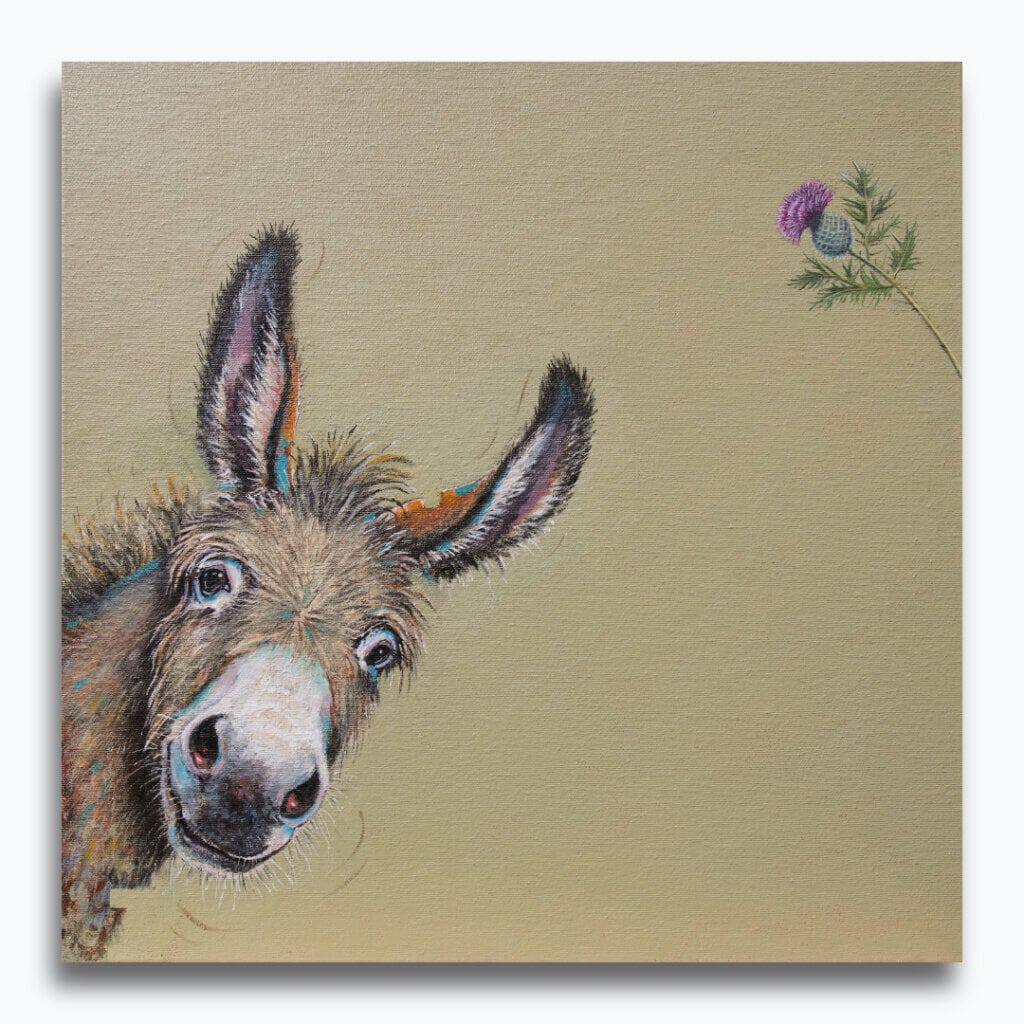 "You Called?" painted by renowned UK wildlife artist Ann Richmond, is a whimsical portrait featuring a donkey that's leaning into the painting, as if just noticing us. Or has it noticed that thistle? The piece comes alive with vibrant brush strokes over a richly textured canvas, capturing the delicate interplay of nature in a moment of quiet wonder. Each piece in The Wylde Ones is rendered in Richmond’s fresh, energetic, and gestural new style—a deliberate departure from her works in The Otherwurlde Collection. The backgrounds are carefully matched to hues from a heritage palette we affectionately call “Barrow & Fall”; complementing these striking and distinctive portrayals of British wildlife. Discover the original works and fine-art prints at Otherwurlde.com.