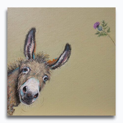 "You Called?" painted by renowned UK wildlife artist Ann Richmond, is a whimsical portrait featuring a donkey that's leaning into the painting, as if just noticing us. Or has it noticed that thistle? The piece comes alive with vibrant brush strokes over a richly textured canvas, capturing the delicate interplay of nature in a moment of quiet wonder. Each piece in The Wylde Ones is rendered in Richmond’s fresh, energetic, and gestural new style—a deliberate departure from her works in The Otherwurlde Collection. The backgrounds are carefully matched to hues from a heritage palette we affectionately call “Barrow & Fall”; complementing these striking and distinctive portrayals of British wildlife. Discover the original works and fine-art prints at Otherwurlde.com.