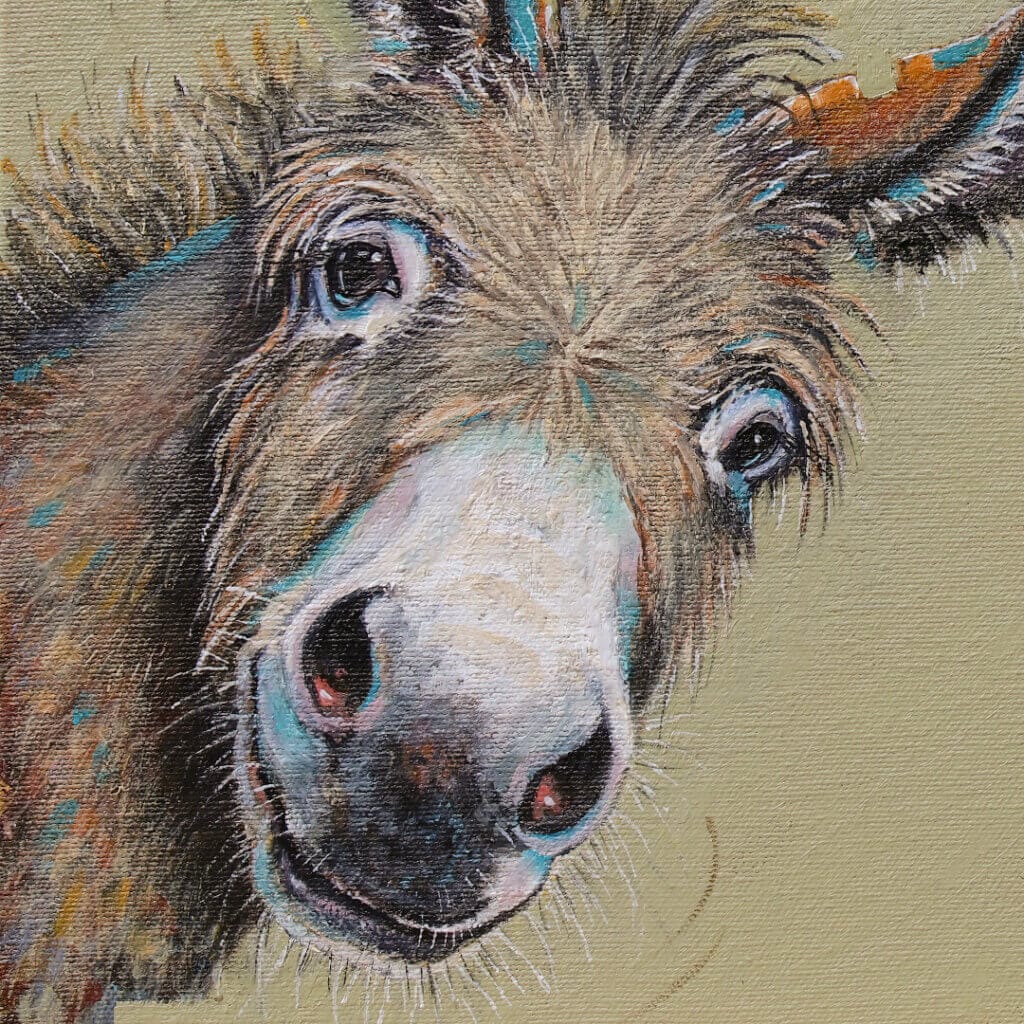 "You Called?" painted by renowned UK wildlife artist Ann Richmond, is a whimsical portrait featuring a donkey that's leaning into the painting, as if just noticing us. Or has it noticed that thistle? The piece comes alive with vibrant brush strokes over a richly textured canvas, capturing the delicate interplay of nature in a moment of quiet wonder. Each piece in The Wylde Ones is rendered in Richmond’s fresh, energetic, and gestural new style—a deliberate departure from her works in The Otherwurlde Collection. The backgrounds are carefully matched to hues from a heritage palette we affectionately call “Barrow & Fall”; complementing these striking and distinctive portrayals of British wildlife. Discover the original works and fine-art prints at Otherwurlde.com.