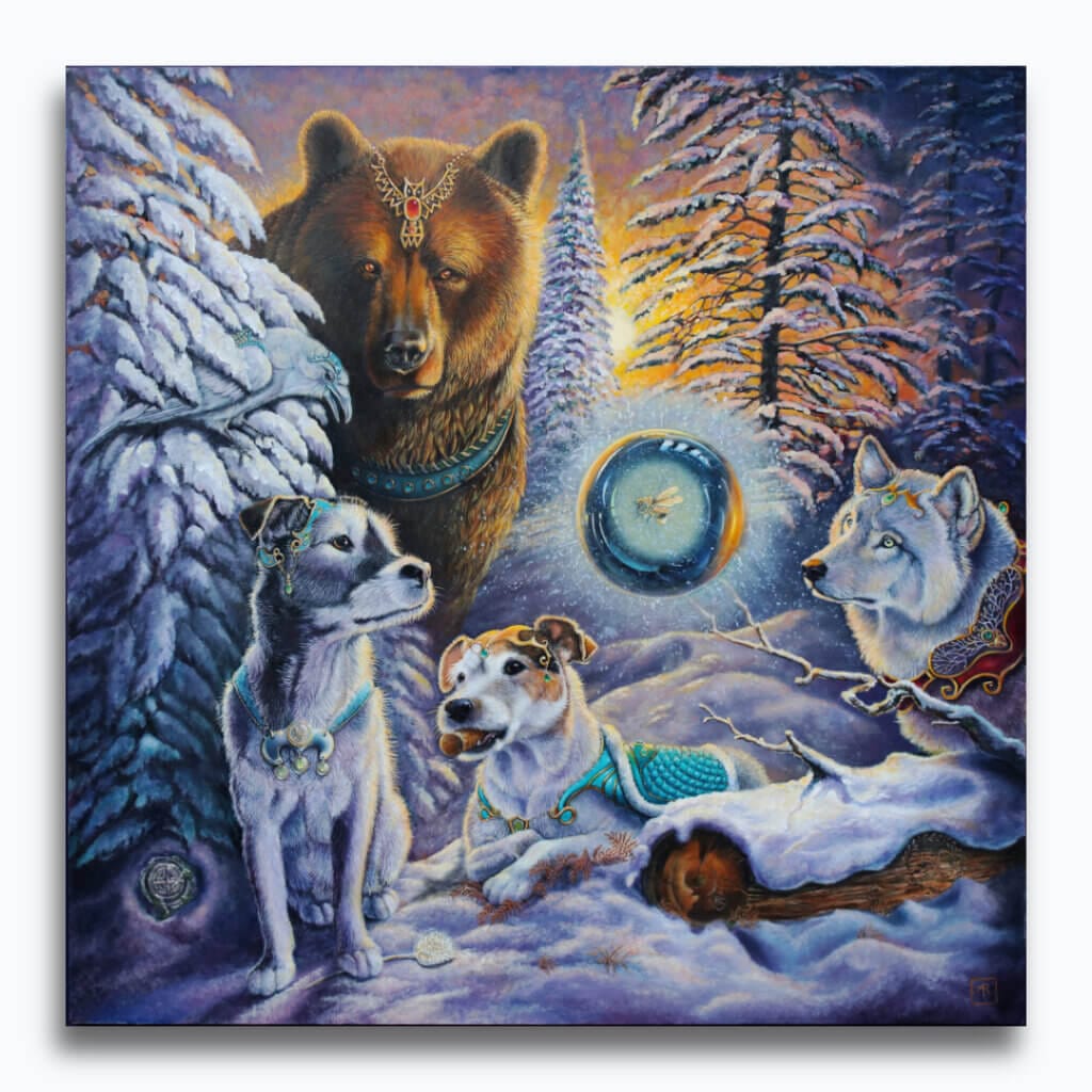 The Quiet Between Worlds, painted by UK fantasy artist Ann Richmond, is a contemplative work depicting two loyal hounds, Teasel and Bracken, alongside a bear, wolf and white raven, all drawn into a moment of rare stillness within the Otherwurlde. Part of the Otherwurlde Collection—and created in collaboration with writer Gary Hyland—this private commission explores themes of pause, presence, and the unseen forces that shape the realm. A one-of-a-kind original, this piece will not be reproduced. Discover more at Otherwurlde.com.