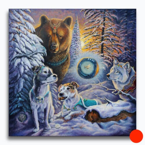 The Quiet Between Worlds, painted by UK fantasy artist Ann Richmond, is a contemplative work depicting two loyal hounds, Teasel and Bracken, alongside a bear, wolf and white raven, all drawn into a moment of rare stillness within the Otherwurlde. Part of the Otherwurlde Collection—and created in collaboration with writer Gary Hyland—this private commission explores themes of pause, presence, and the unseen forces that shape the realm. A one-of-a-kind original, this piece will not be reproduced. Discover more at Otherwurlde.com.