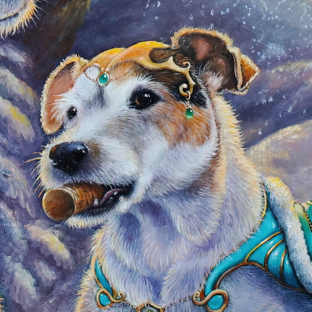 The Quiet Between Worlds, painted by UK fantasy artist Ann Richmond, is a contemplative work depicting two loyal hounds, Teasel and Bracken, alongside a bear, wolf and white raven, all drawn into a moment of rare stillness within the Otherwurlde. Part of the Otherwurlde Collection—and created in collaboration with writer Gary Hyland—this private commission explores themes of pause, presence, and the unseen forces that shape the realm. A one-of-a-kind original, this piece will not be reproduced. Discover more at Otherwurlde.com.