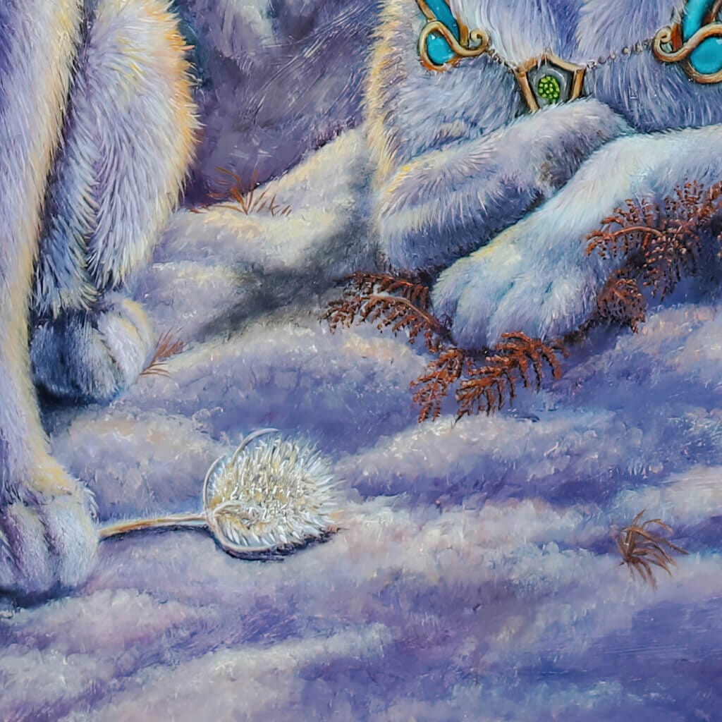 The Quiet Between Worlds, painted by UK fantasy artist Ann Richmond, is a contemplative work depicting two loyal hounds, Teasel and Bracken, alongside a bear, wolf and white raven, all drawn into a moment of rare stillness within the Otherwurlde. Part of the Otherwurlde Collection—and created in collaboration with writer Gary Hyland—this private commission explores themes of pause, presence, and the unseen forces that shape the realm. A one-of-a-kind original, this piece will not be reproduced. Discover more at Otherwurlde.com.