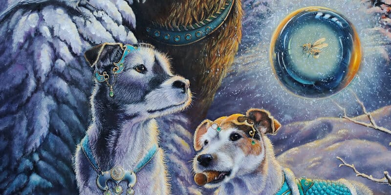 The Quiet Between Worlds, painted by UK fantasy artist Ann Richmond, is a contemplative work depicting two loyal hounds, Teasel and Bracken, alongside a bear, wolf and white raven, all drawn into a moment of rare stillness within the Otherwurlde. Part of the Otherwurlde Collection—and created in collaboration with writer Gary Hyland—this private commission explores themes of pause, presence, and the unseen forces that shape the realm. A one-of-a-kind original, this piece will not be reproduced. Discover more at Otherwurlde.com.