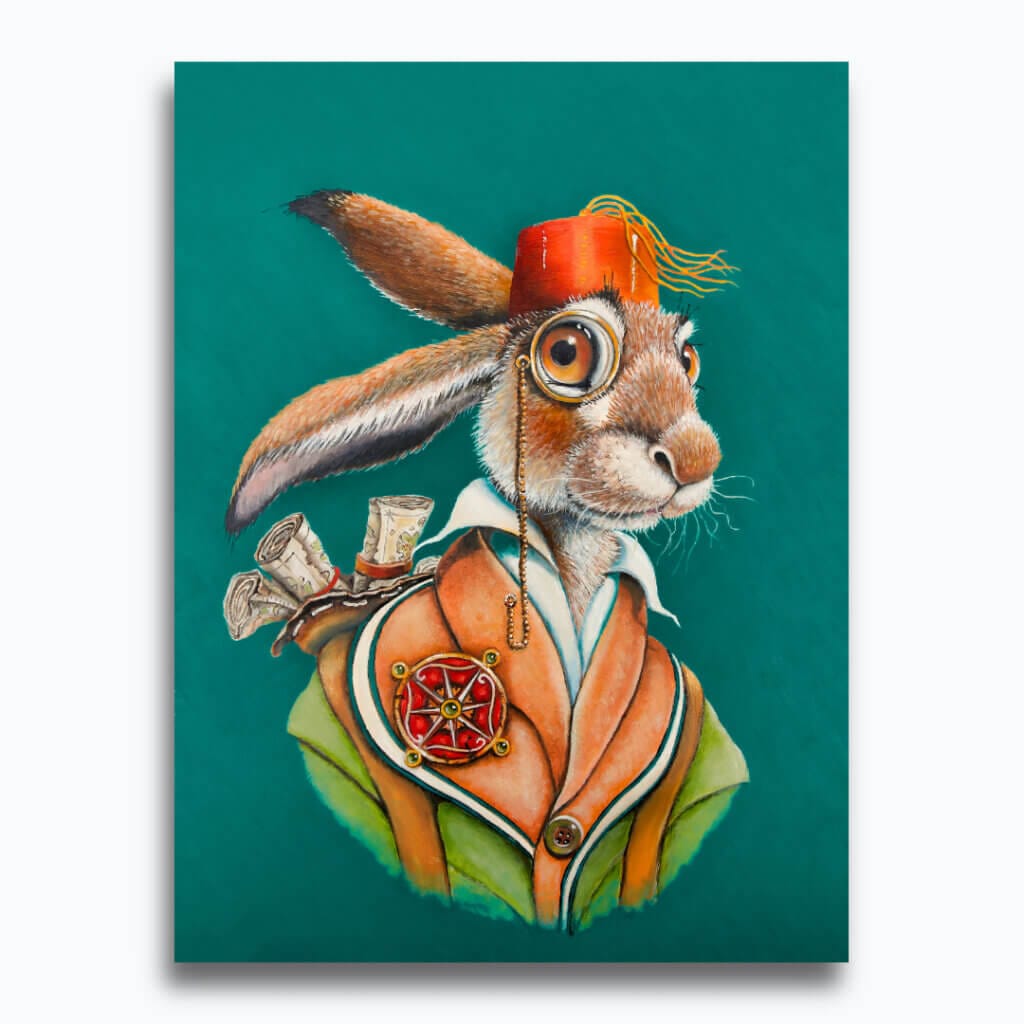 A Surveyor of Elsewhere, painted by renowned UK fantasy artist Ann Richmond, is an enigmatic piece of fantasy art featuring a very special hare: a surveyor & map-maker possessed of both special ability and a snappy sense of style. Part of the Otherwurlde Collection—and created in collaboration with writer Gary Hyland—the piece transports viewers into a magical realm where armoured animals and evocative narratives come to life. Offered as affordable art with story, collectors can choose between the original artwork and an exclusive range of fine-art prints. Discover the enchantment at Otherwurlde.com.