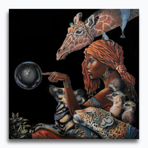 “Enlightenment II” revisits a beloved Otherwurlde scene through an African lens. A young Dryad holds out her hand to receive the wisdom of a bee, watched by creatures familiar from the African bush. Her pose precisely echoes that of the original painting, while the glowing bubble — and the tiny African bee within — becomes the enduring link between the two works: different worlds, united by the same quiet moment of wonder. Discover original paintings and collectable Fine-Art prints of “Enlightenment II” and other works from the collection, in a range of sizes at Otherwurlde.com.